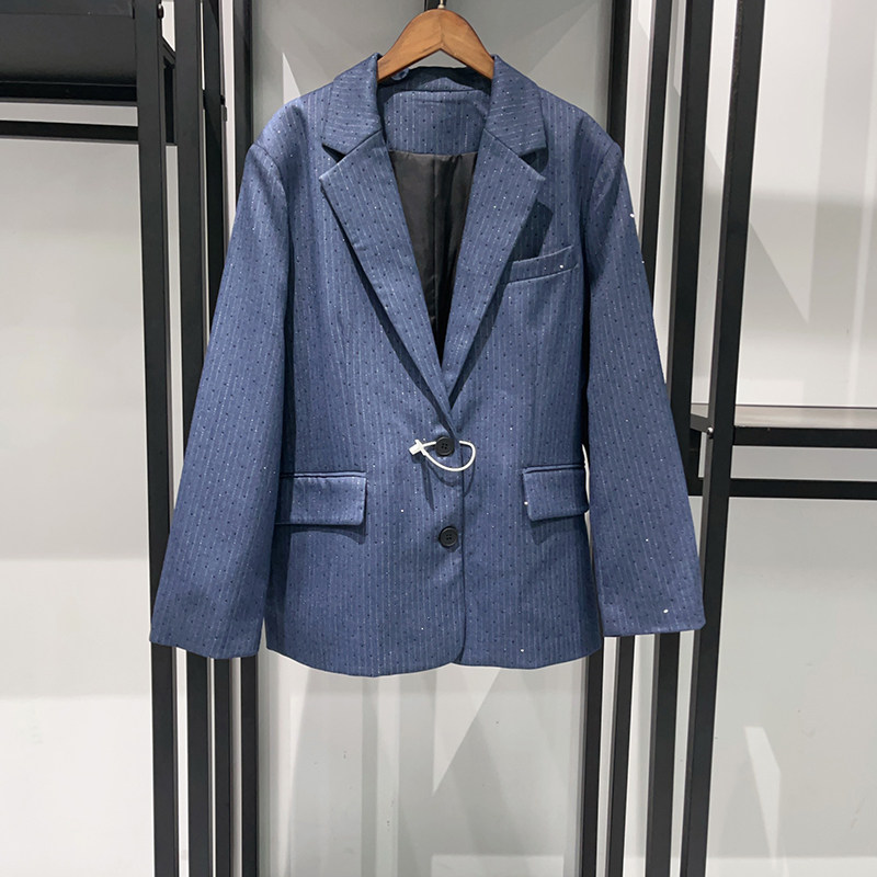法单小众 2025秋冬通勤正装暗条纹烫钻西服马甲裤裙长裤套装