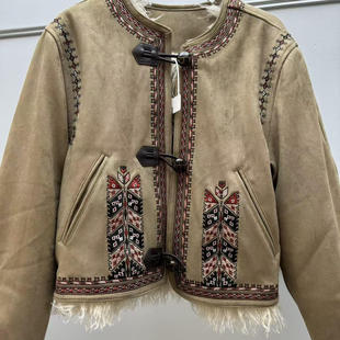 法式小众25年秋冬新款民族风刺绣经典麂皮毛里宽松夹克圆领外套女