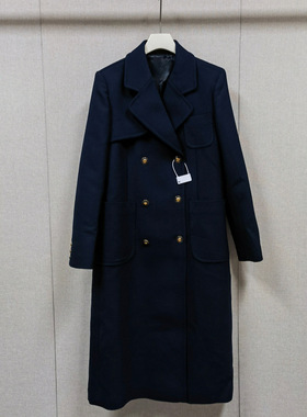 法式~~~  2025秋冬新款~英伦风深蓝色双排扣翻领长款大衣女士外套