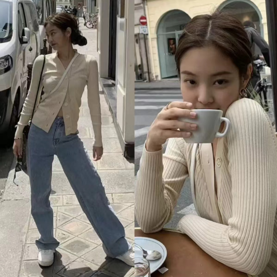 jenn同款新款法式经典针织衫V领简约气质显瘦开衫上衣女