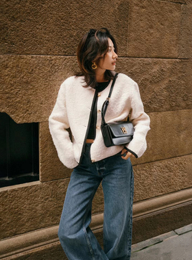 Savi~款纽约 秋冬象牙白圆领撞黑色包边粗呢小香风短外套