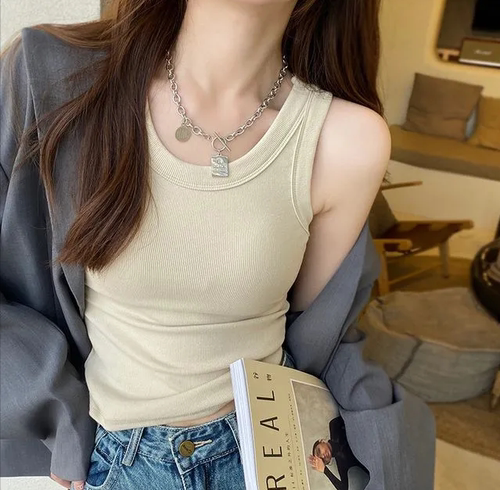亏清北欧to螺纹弹力工字背心 条纹运动背心打底上衣夏款女士