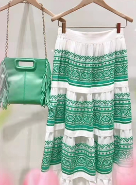 特价清 法式复古绿色民族刺绣拼接蛋糕半裙 女装中长裙