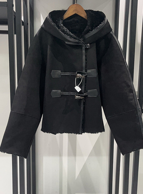 韩式LOW秋冬休闲加厚连帽廓形两面穿牛角扣羊毛皮一体女士短外套