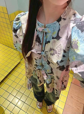 北欧小众2026春夏时尚多彩木瑾花圆领系带少女灯笼袖宽松女衬衣