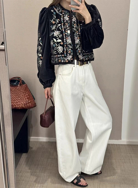 亏清 法式风格2025秋冬时尚黑色丝绒多彩花卉刺绣圆领超短女外套