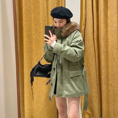 超蓬松毛领M家秋冬连帽毛领时尚系带收腰派克服纯色休闲棉衣