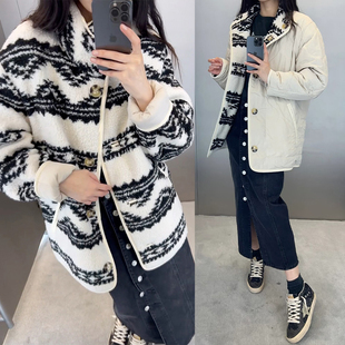 福利款秋冬潮奢两面穿摇粒绒夹袄撞色图腾半高领外套女士