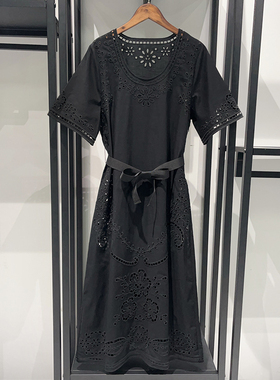 特价清 元品质 美式S衣@民族风V领蓝色蕾丝刺绣泡泡袖系带连衣裙