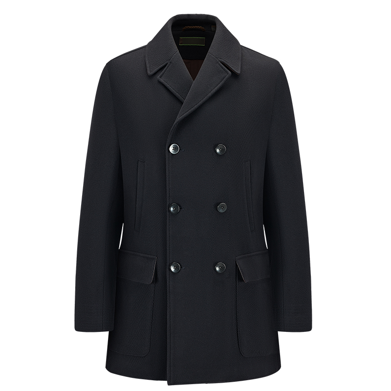 【堡家】80%羊毛厚款男士双排扣毛料呢子大衣休闲中长款毛呢外套
