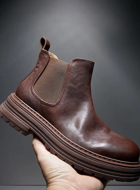 帕达索复古厚底英伦工装切尔西靴马丁靴男秋冬加绒中帮皮靴241016