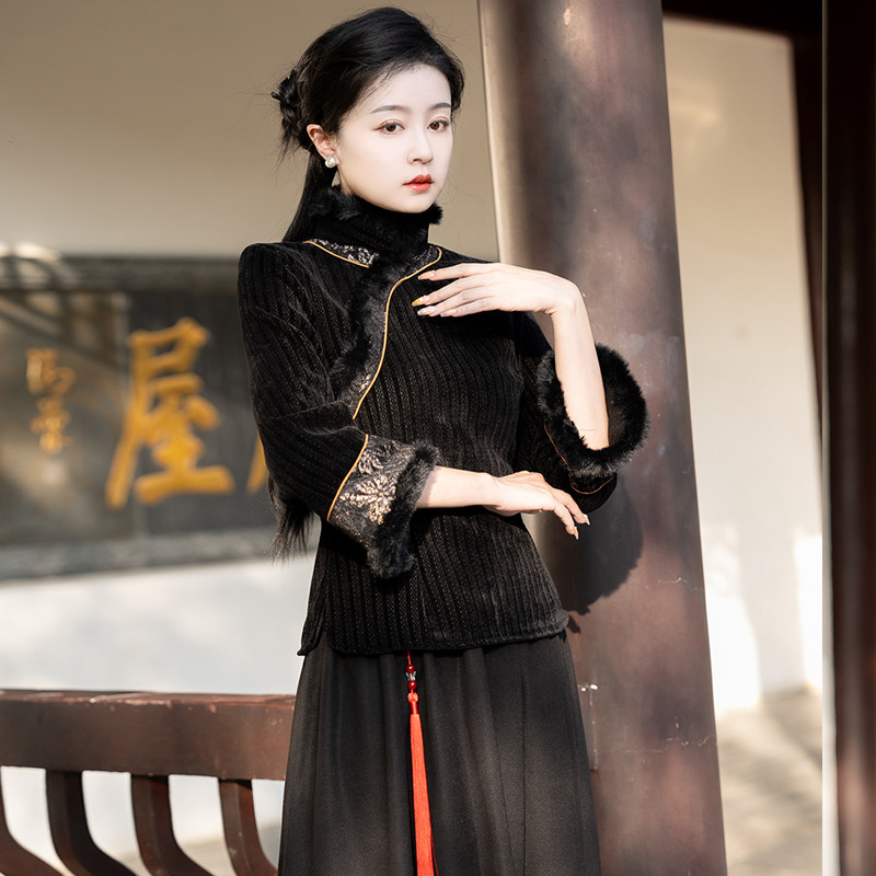 새로운 중국 스타일 셔닐 실 국가 스타일 여성 겨울 당나라 HANFU 복고풍 스탠드 칼라 탑 롱 스커트 티 드레스 투피스 세트