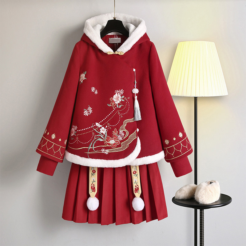 HANFU 정장 여성 겨울 의류 복고풍 개선 치파오 한 요소 동물 년 빨간색 상단 모직 두꺼운 중국 스타일