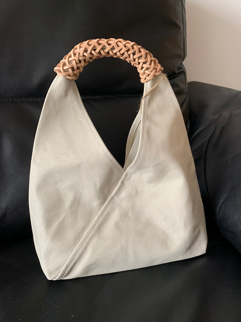 植物染  定制台湾编制三角帆布包 牛皮编织手柄 极简风ins大热