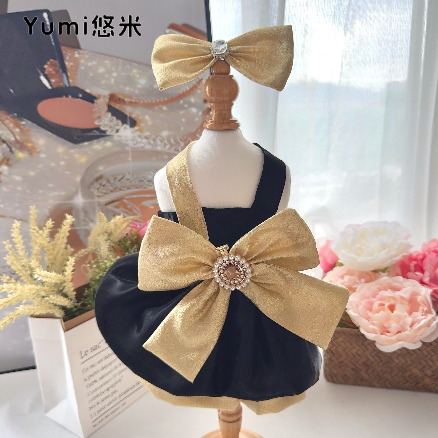 YumiPaws金色大蝴蝶结狗狗礼服