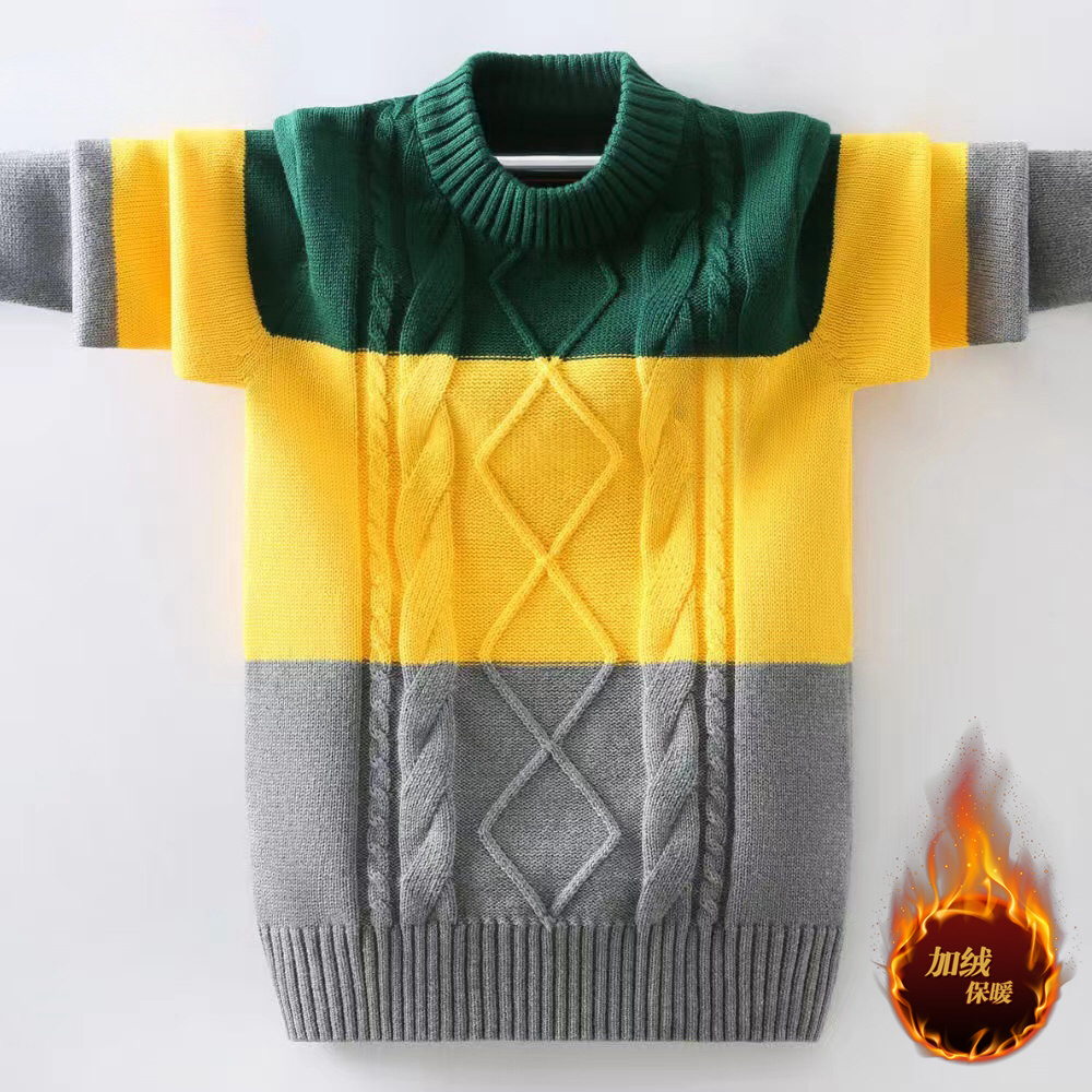 男童毛衣套头秋冬款加绒加厚保暖线衣男孩洋气中大童儿纯棉针织衫