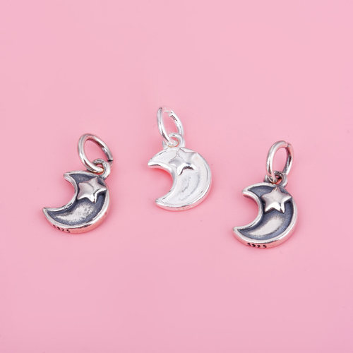 S925纯银复古月亮星星挂件DIY串珠手工编绳珍珠吊坠配件银饰材料