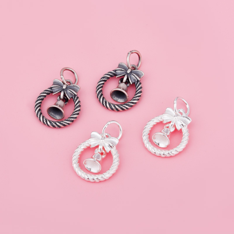 圣诞节挂件 925纯银复古蝴蝶结无声铃铛吊坠 手工DIY手链项链配件