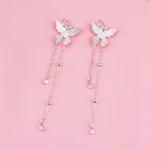 S925纯银蝴蝶长款流苏耳环挂坠项链手链吊坠女超仙耳饰银配件材料