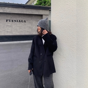 one 宽松显瘦上衣 seven高级感黑色V领双扣羊绒外套女2025秋冬韩版