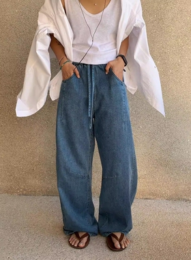 one seven复古水洗宽松直筒牛仔裤女2025春休闲百搭抽绳拖地长裤