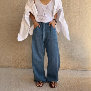 女2025春休闲百搭抽绳拖地长裤 one seven复古水洗宽松直筒牛仔裤