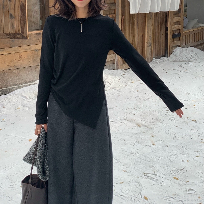 one seven设计感正肩圆领磨毛长袖T恤女2025秋季显瘦不规则打底衫