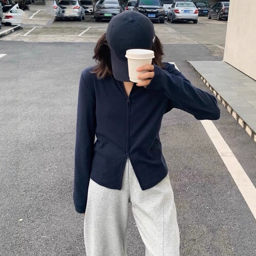 2026秋季one seven新款纯色修身显瘦百搭双拉链圆领螺纹开衫女T恤