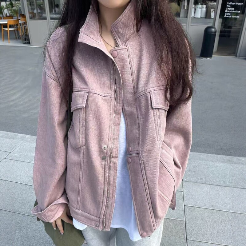 one seven立领加绒粉色牛仔外套女2026秋冬宽松百搭显瘦保暖夹克