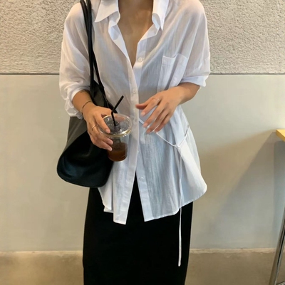 one seven抽绳系带收腰防晒衬衫女2026夏宽松百搭显瘦气质上衣薄
