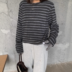 t恤女2025秋冬宽松显瘦减龄洋气厚上衣 针织条纹长袖 one seven韩版
