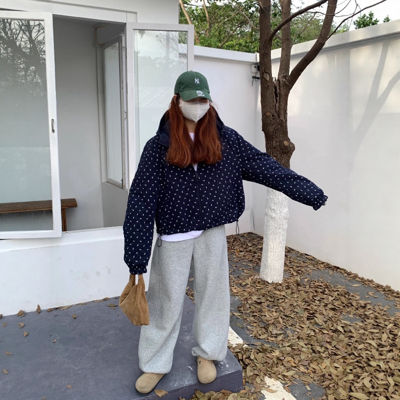 复古碎花连帽两面穿棉服外套女