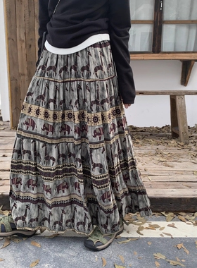 one seven复古印花加绒半身裙女2025秋冬高腰显瘦显气质百搭长裙