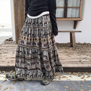 one seven复古印花加绒半身裙女2025秋冬高腰显瘦显气质百搭长裙