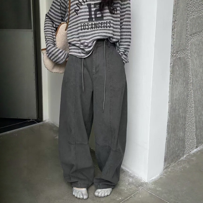 one seven抽绳高腰洗水直筒工装裤女2026秋宽松显瘦百搭休闲裤潮