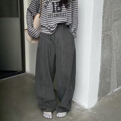 one seven抽绳高腰洗水直筒工装裤女2026秋宽松显瘦百搭休闲裤潮