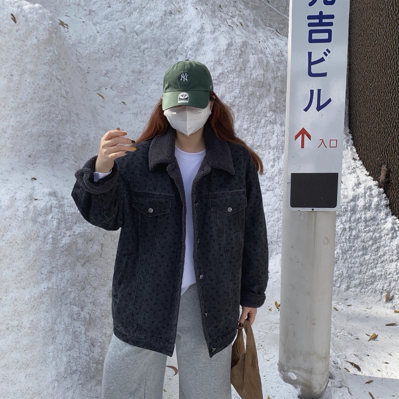 休闲碎花羊羔毛加绒牛仔外套女