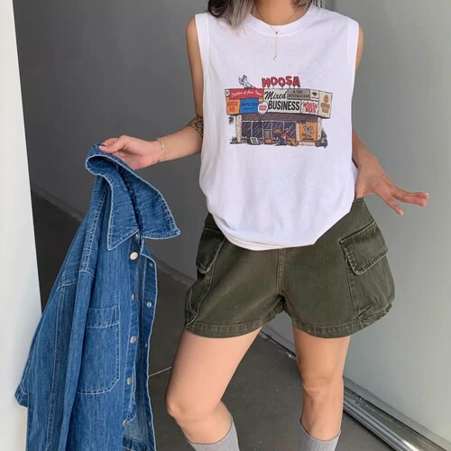 one seven印花图案无袖背心t恤女2026春夏圆领宽松百搭休闲上衣潮