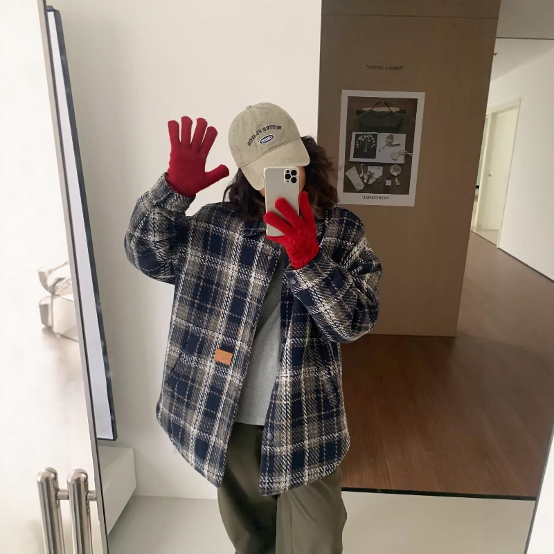 保暖羽绒中长款格子衬衫外套女