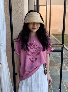 one seven美式复古老鹰印花短袖T恤女2026春夏宽松显瘦百搭上衣潮