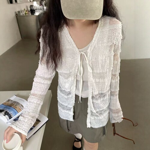 one seven韩系蕾丝系带开衫女2026夏宽松显瘦百搭长袖气质上衣潮