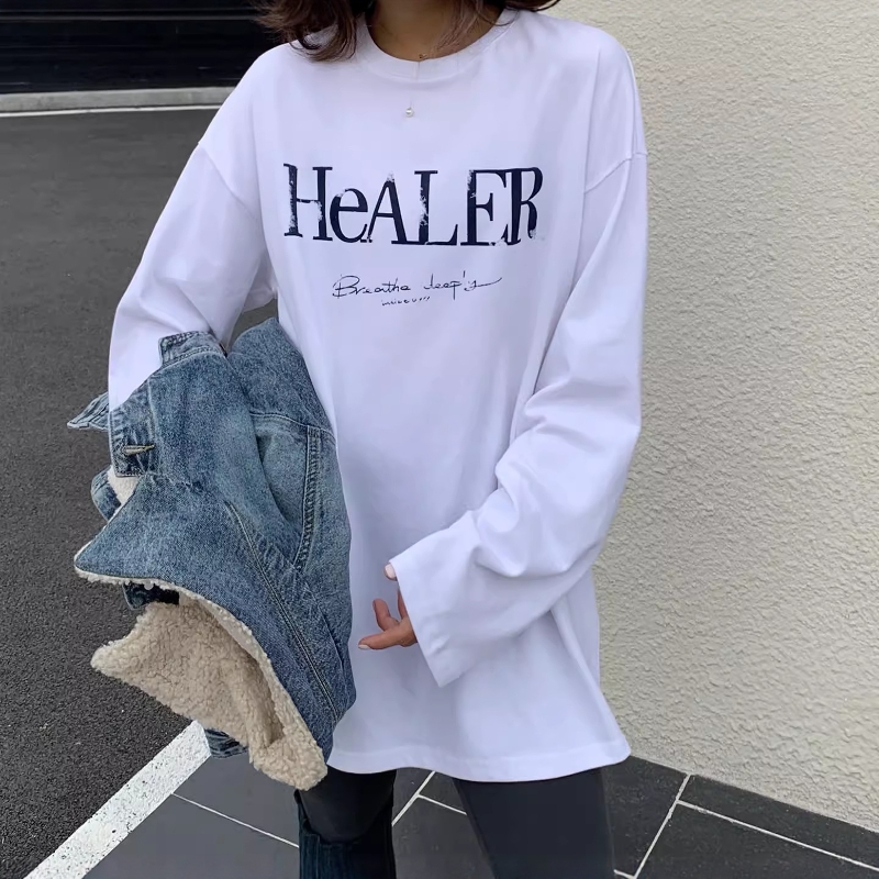 休闲风字母印花磨毛长袖T恤女