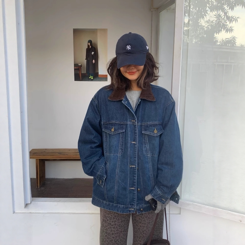 oneseven翻领拼色牛仔羽绒服