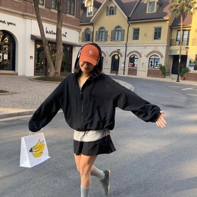 one seven美式复古连帽风衣外套女2026春秋宽松休闲百搭夹克上衣