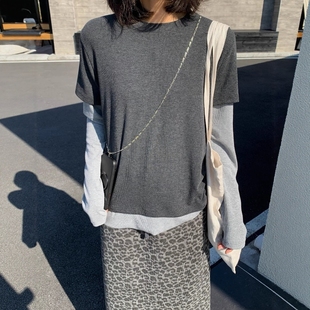 one seven灰色假俩件拼接套头弹力T恤女2025秋冬宽松百搭显瘦上衣