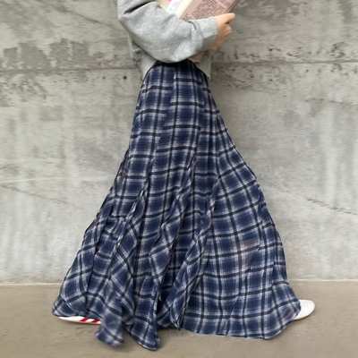 oneseven复古格纹长款半身裙女
