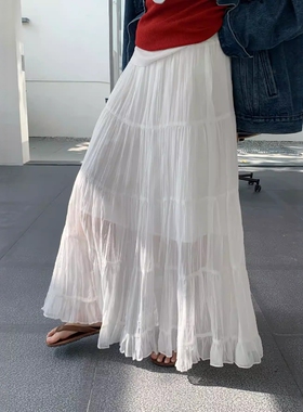 one seven法式纯色网纱半身裙女2026春松紧腰显瘦大摆百褶裙a字裙
