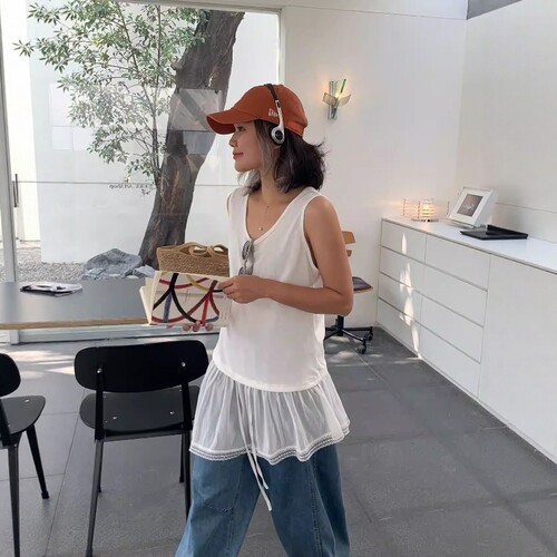 one seven下摆网纱拼接背心女2026早春宽松百搭无袖外穿打底衫潮