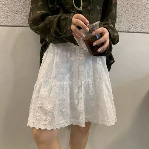 one seven韩系白色立体花朵半身裙女2026夏高腰宽松百搭显瘦短裙
