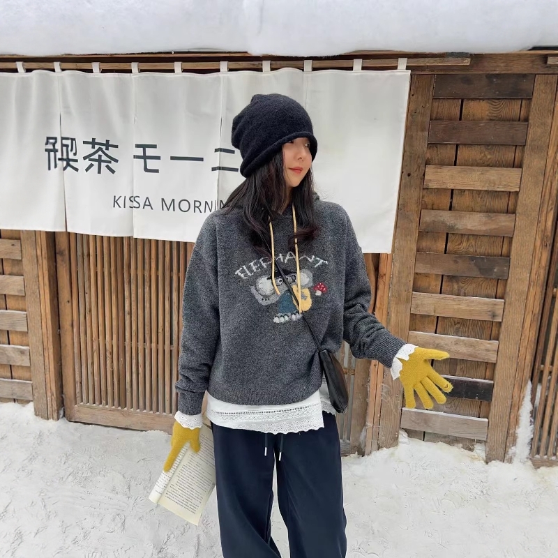 休闲撞色小象连帽长袖针织毛衣女